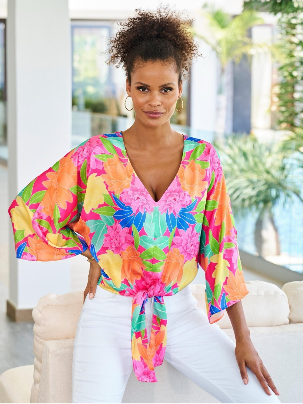 Mirrored Blooms Print Kate Tie Front Charmeuse Blouse  with MATCHING JEWELRY SET